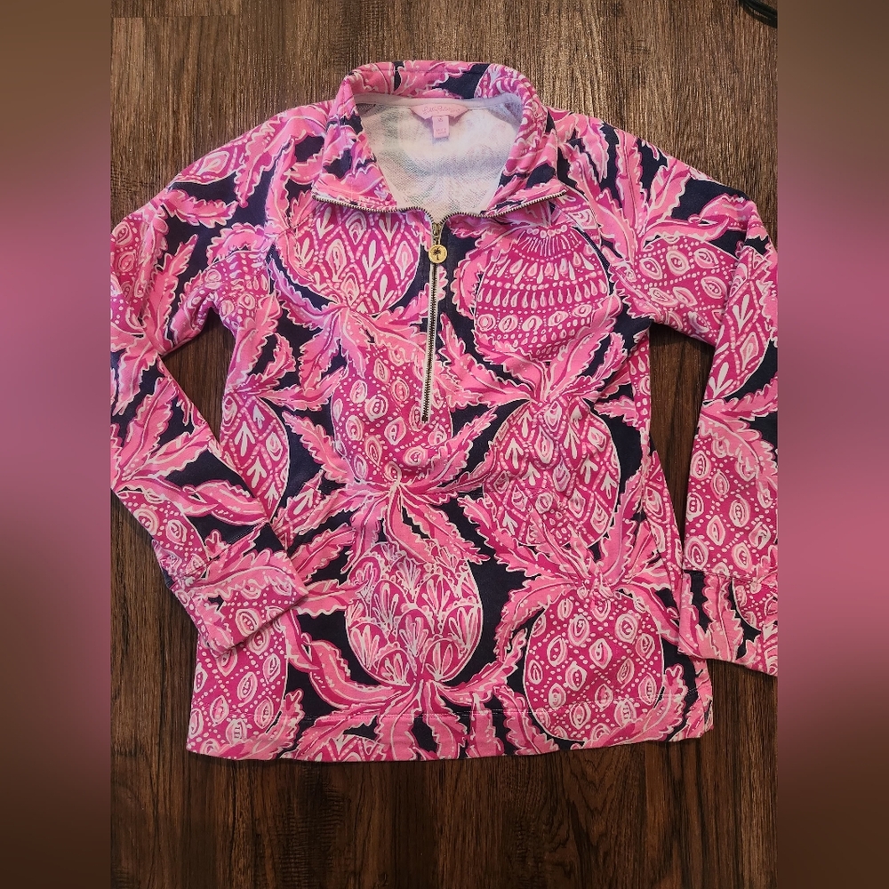 Lilly Pukitzer Pink and Navy Patterned Quarter-Zip Pullover